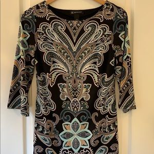 INC navy patterned shift dress boat neck